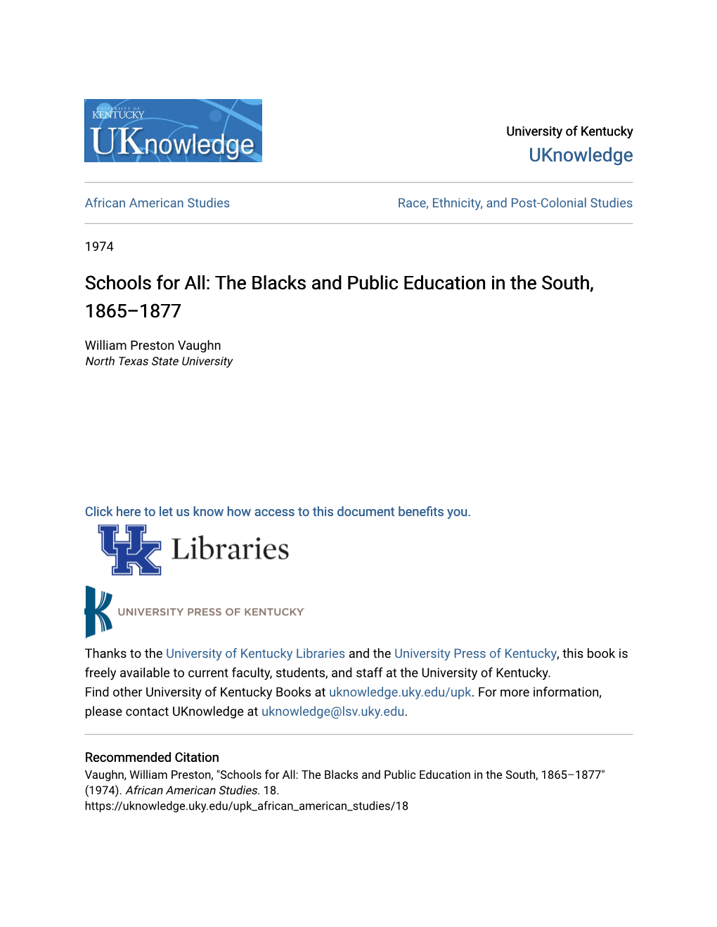 Schools for All: the Blacks and Public Education in the South, 1865–1877