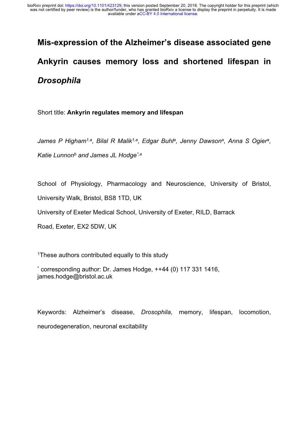 Mis-Expression of the Alzheimer's Disease Associated Gene Ankyrin