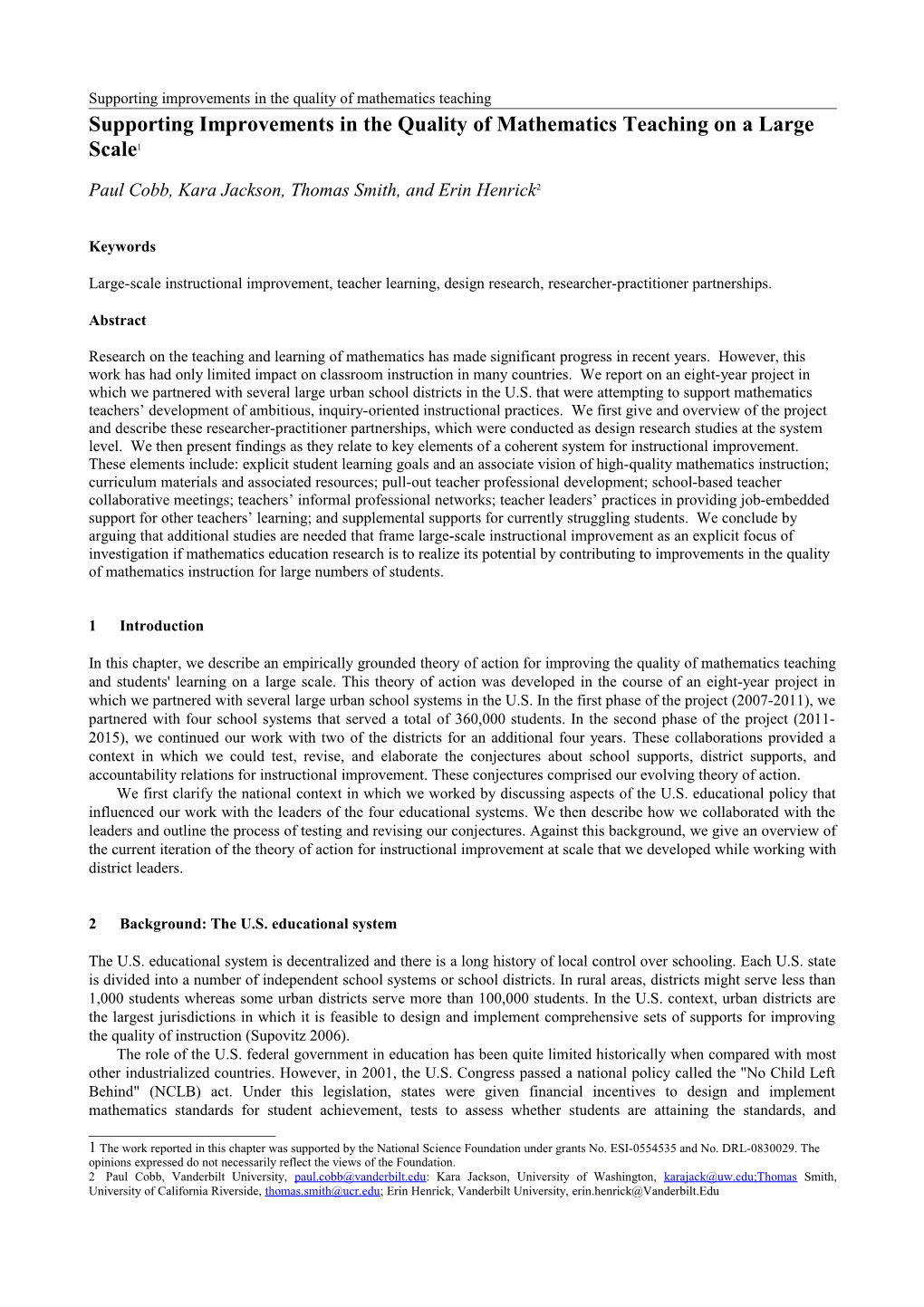 Supporting Improvements in the Quality of Mathematics Teaching