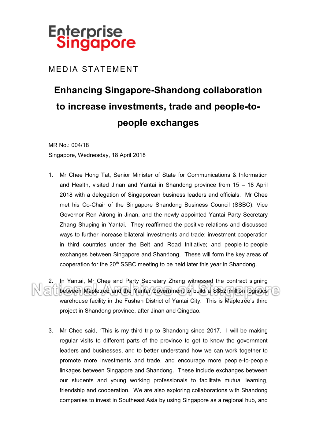 Enhancing Singapore-Shandong Collaboration to Increase Investments, Trade and People-To- People Exchanges
