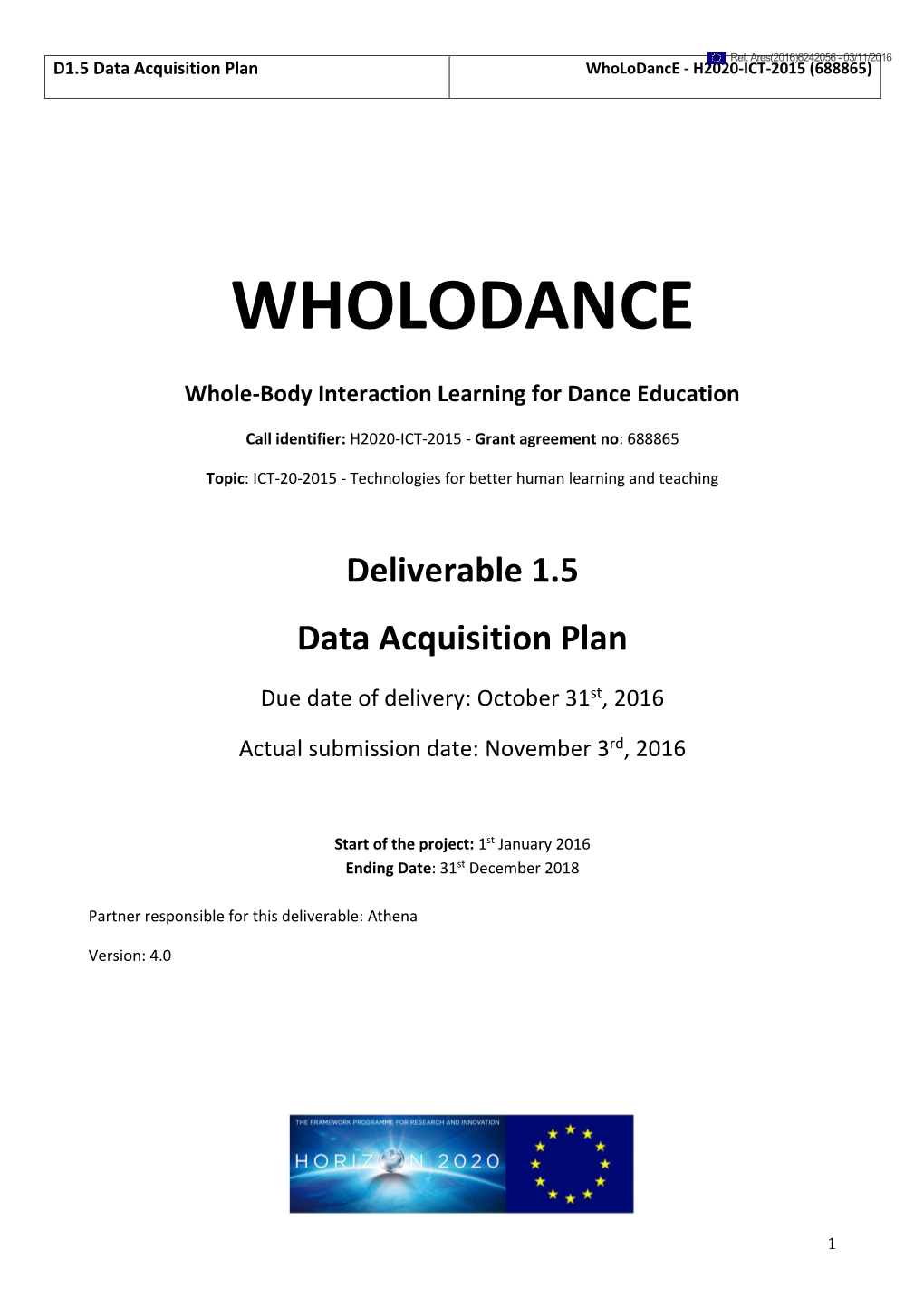 Data Acquisition Plan Wholodance - H2020-ICT-2015 (688865)
