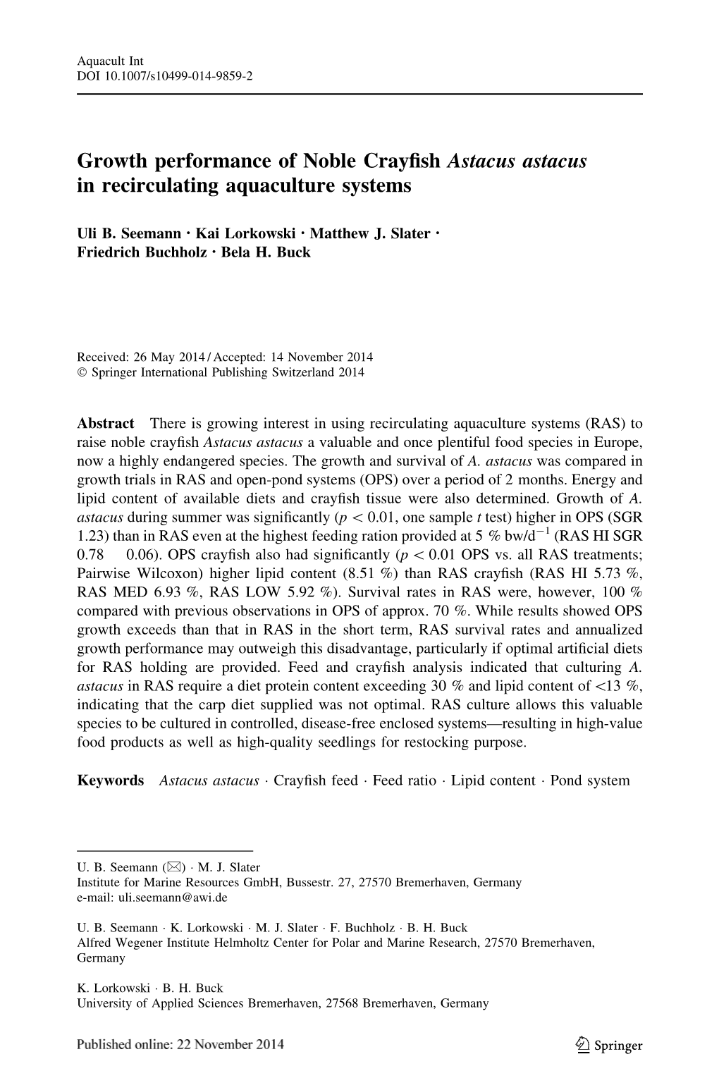 Growth Performance of Noble Crayfish Astacus Astacus in Recirculating Aquaculture Systems