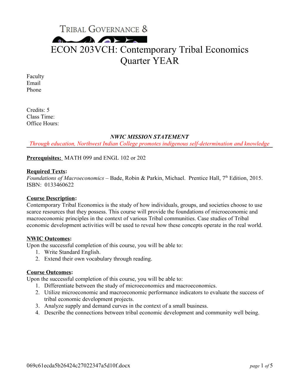 ECON 203VCH: Contemporary Tribal Economics