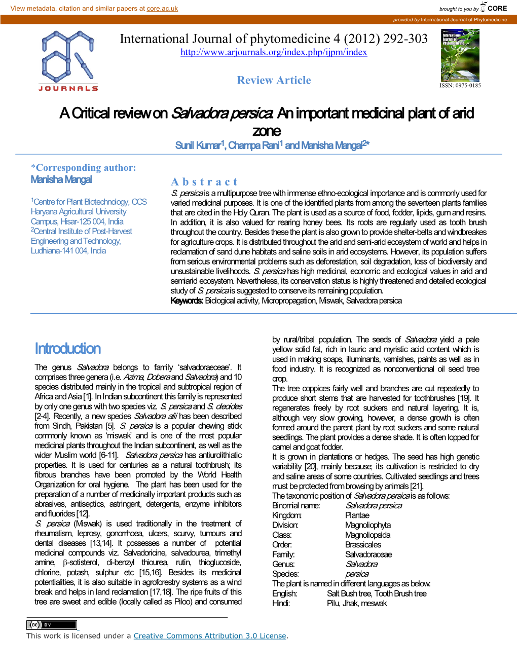 A Critical Review on Salvadora Persica: an Important Medicinal Plant of Arid Zone Sunil Kumar1, Champa Rani1 and Manisha Mangal2*