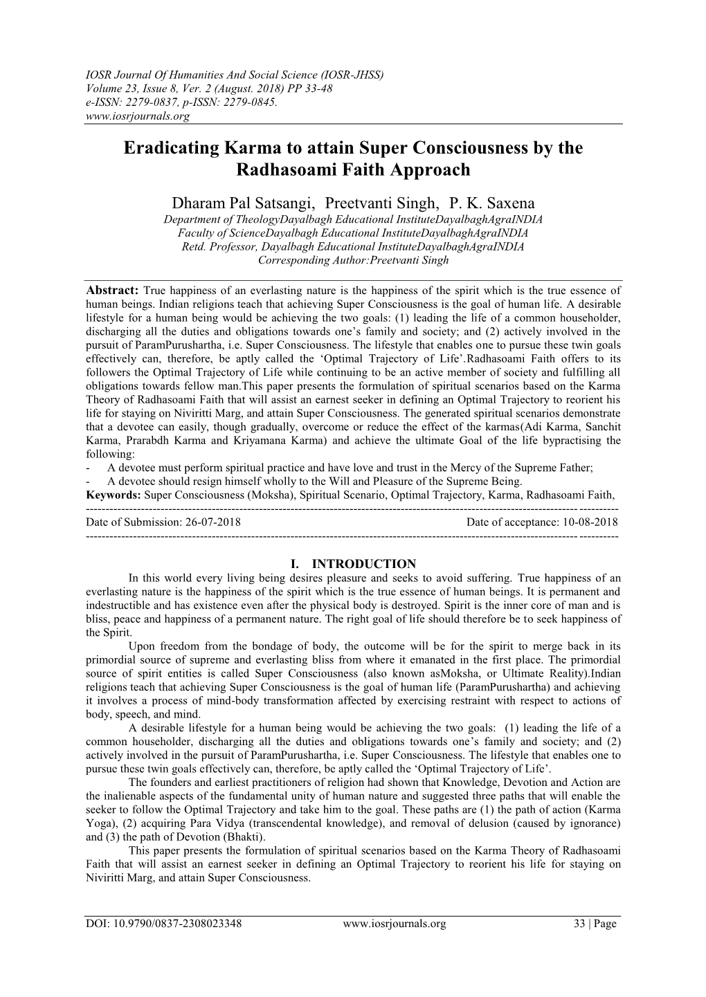 Eradicating Karma to Attain Super Consciousness by the Radhasoami Faith Approach