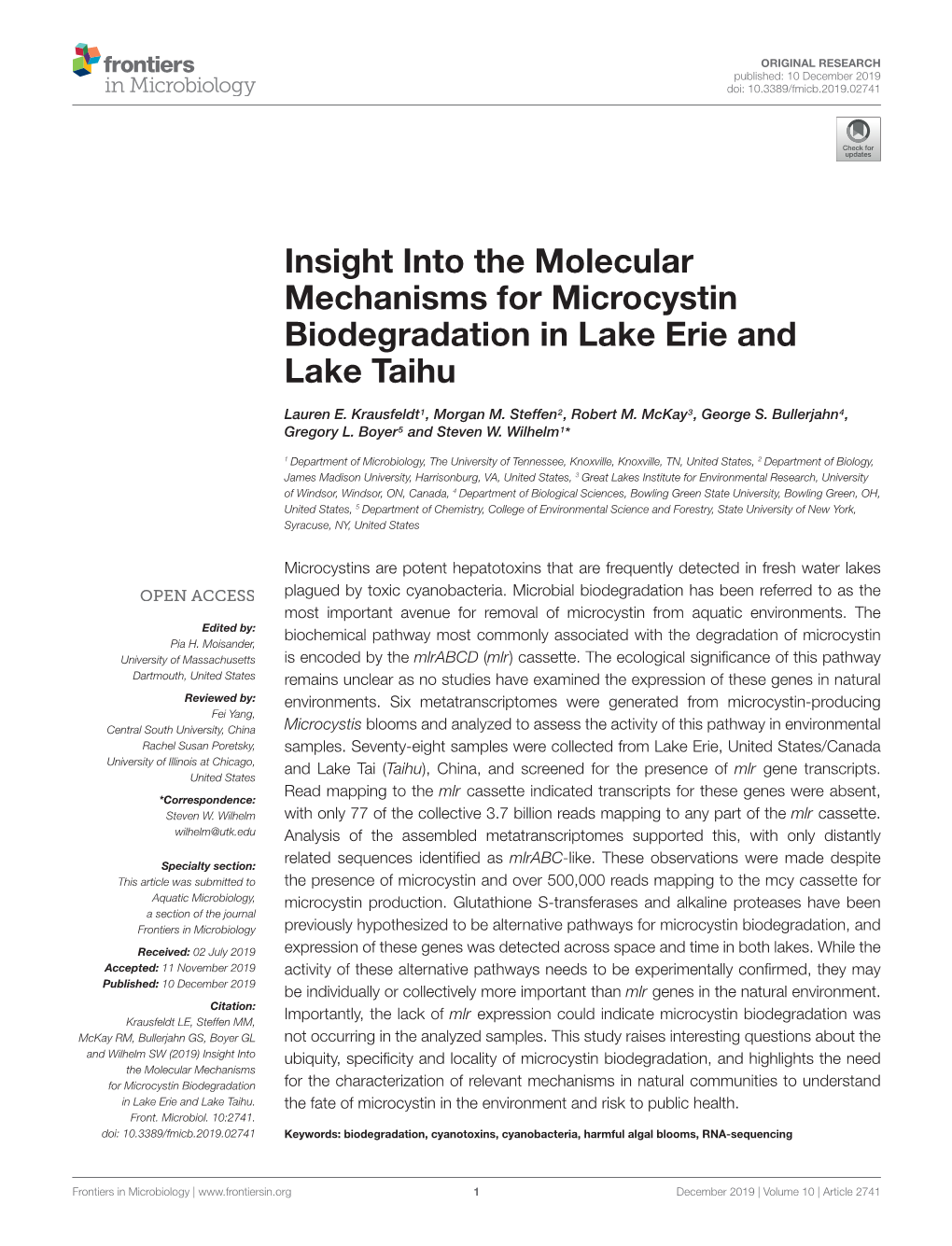 Insight Into the Molecular Mechanisms for Microcystin Biodegradation in Lake Erie and Lake Taihu