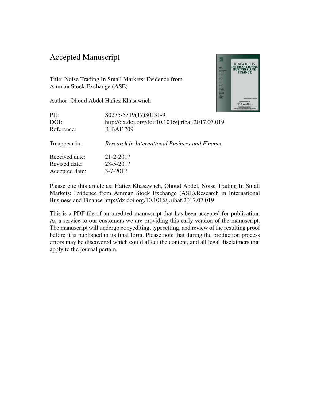 Noise Trading in Small Markets: Evidence from Amman Stock Exchange (ASE)