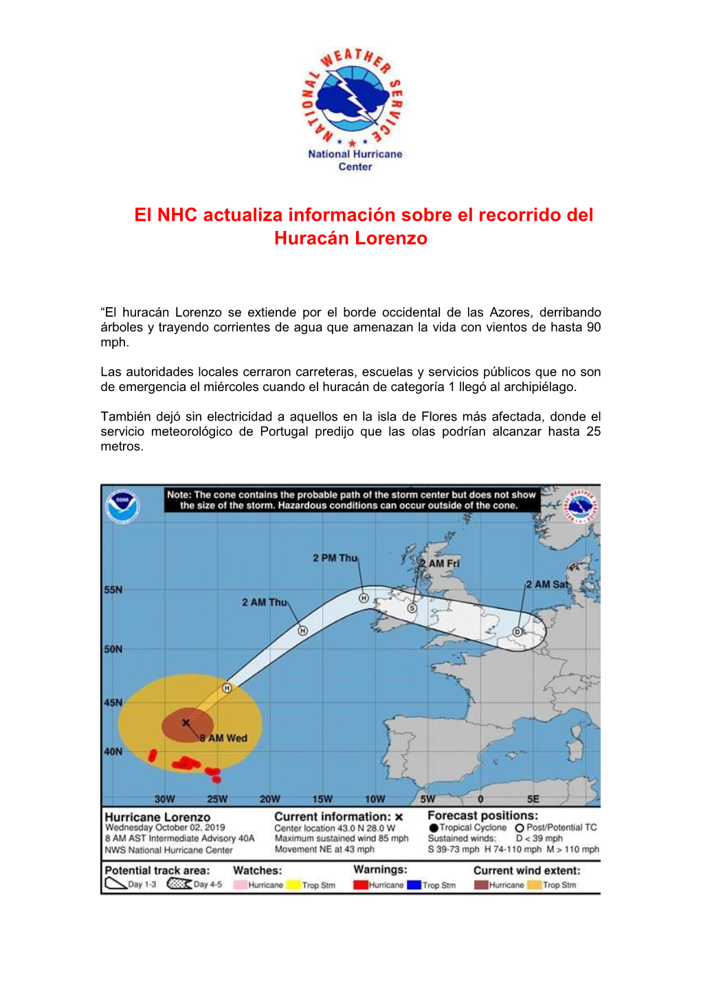 El NHC Actualiza Información Sobre El Recorrido Del Huracán Lorenzo