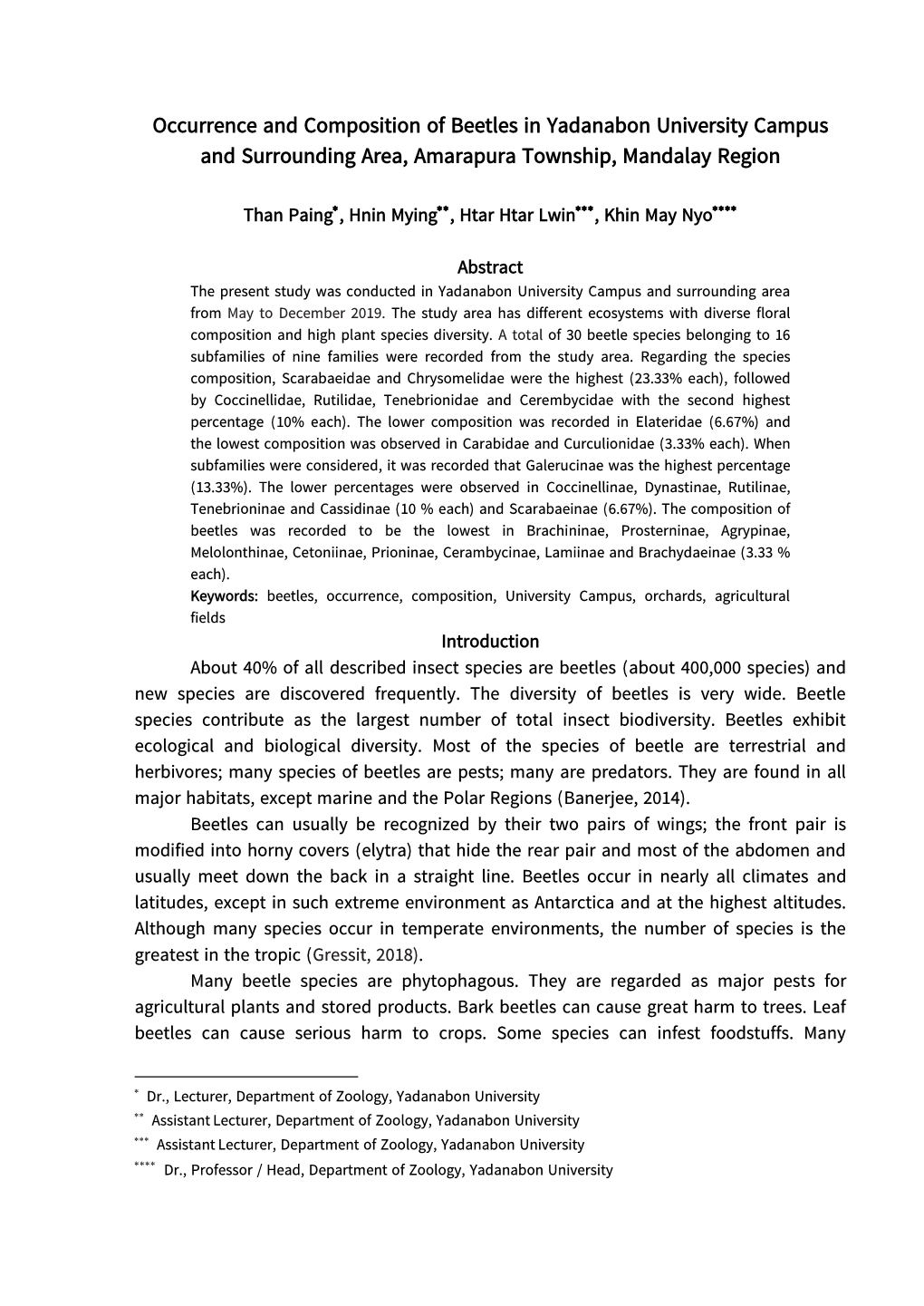 Occurrence and Composition of Beetles in Yadanabon University Campus and Surrounding Area, Amarapura Township, Mandalay Region