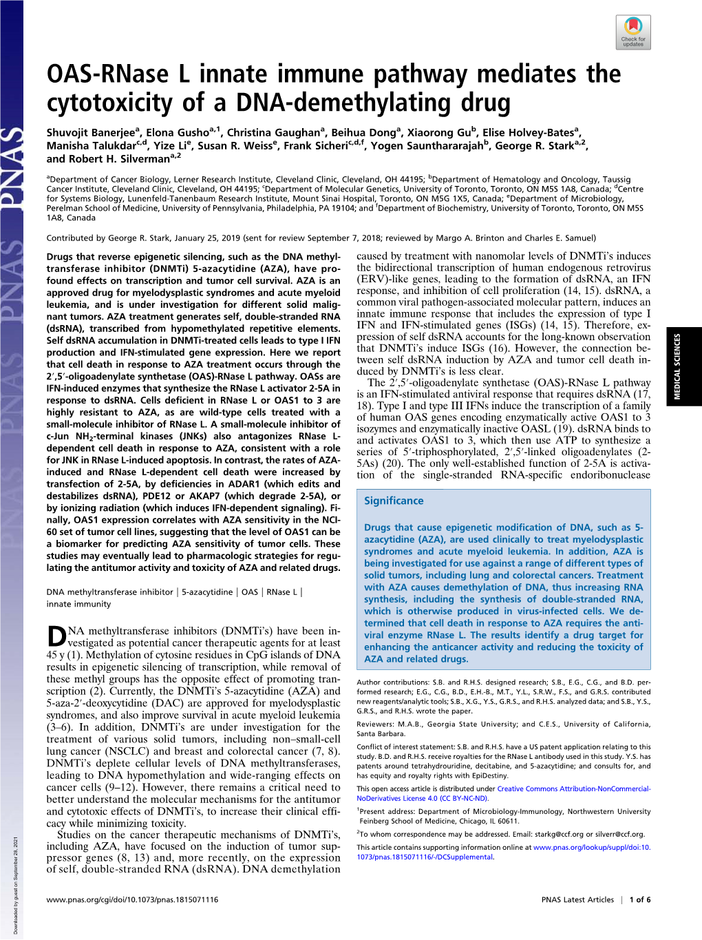 OAS-Rnase L Innate Immune Pathway Mediates the Cytotoxicity of a DNA-Demethylating Drug