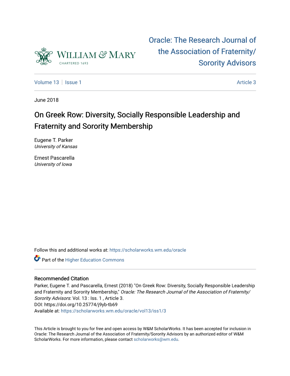 On Greek Row: Diversity, Socially Responsible Leadership and Fraternity and Sorority Membership