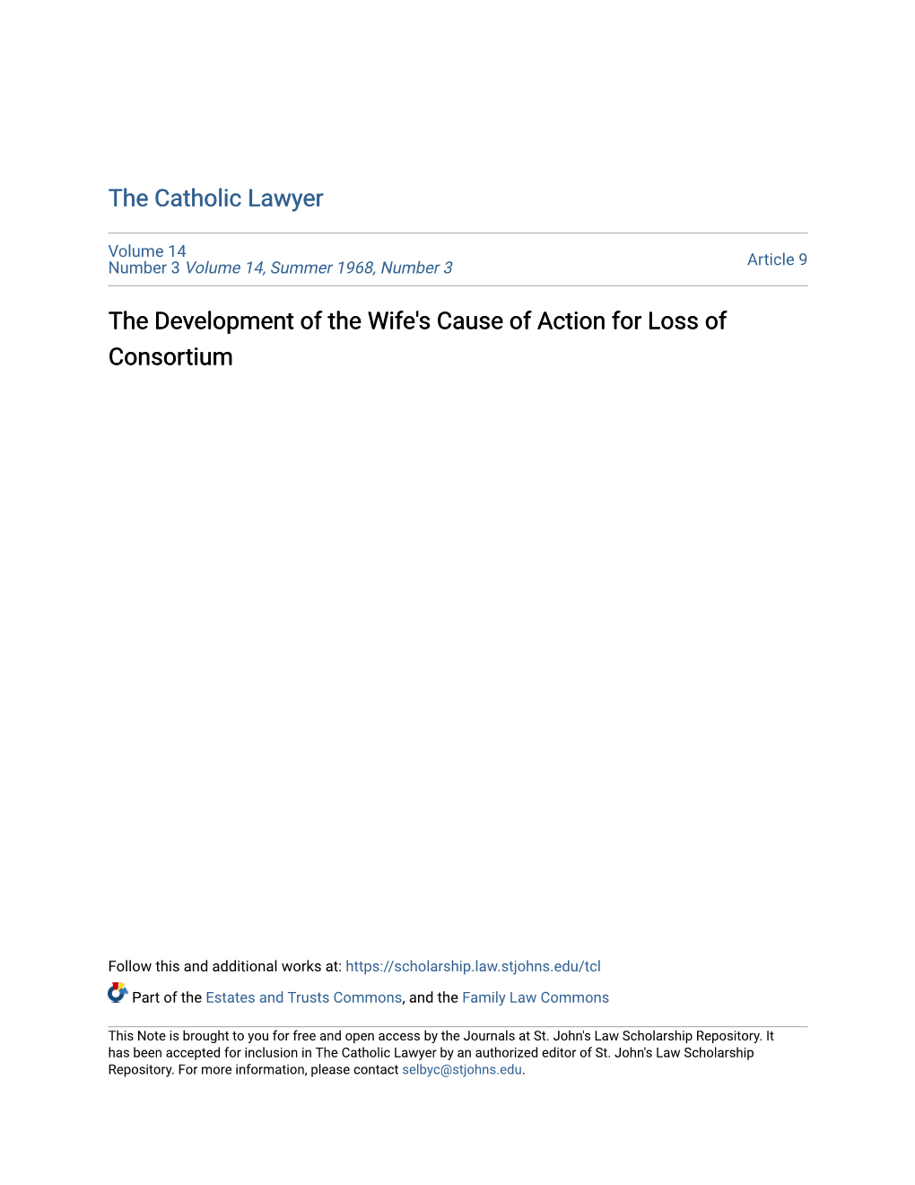 The Development of the Wife's Cause of Action for Loss of Consortium