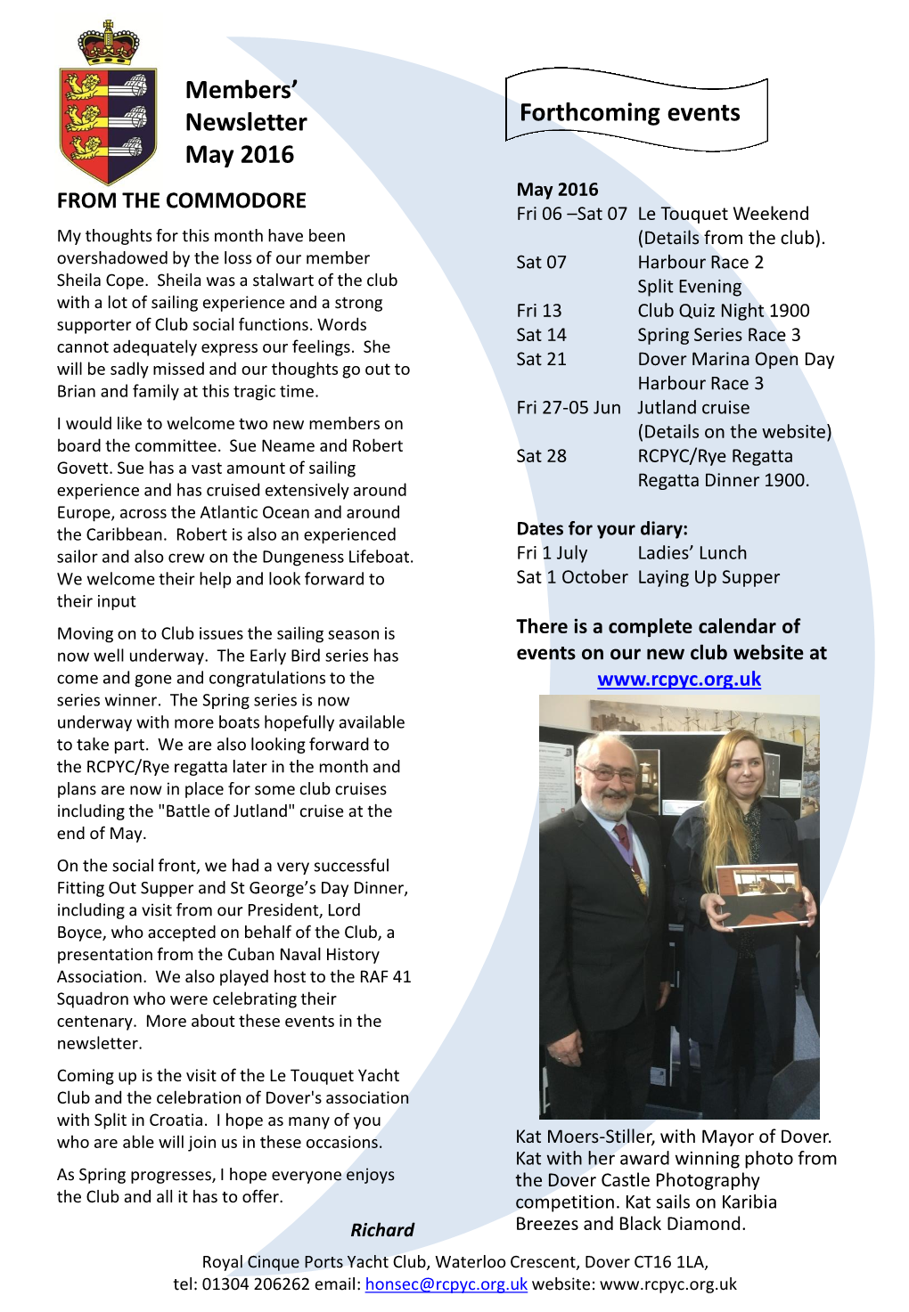 Members' Newsletter May 2016 Forthcoming Events