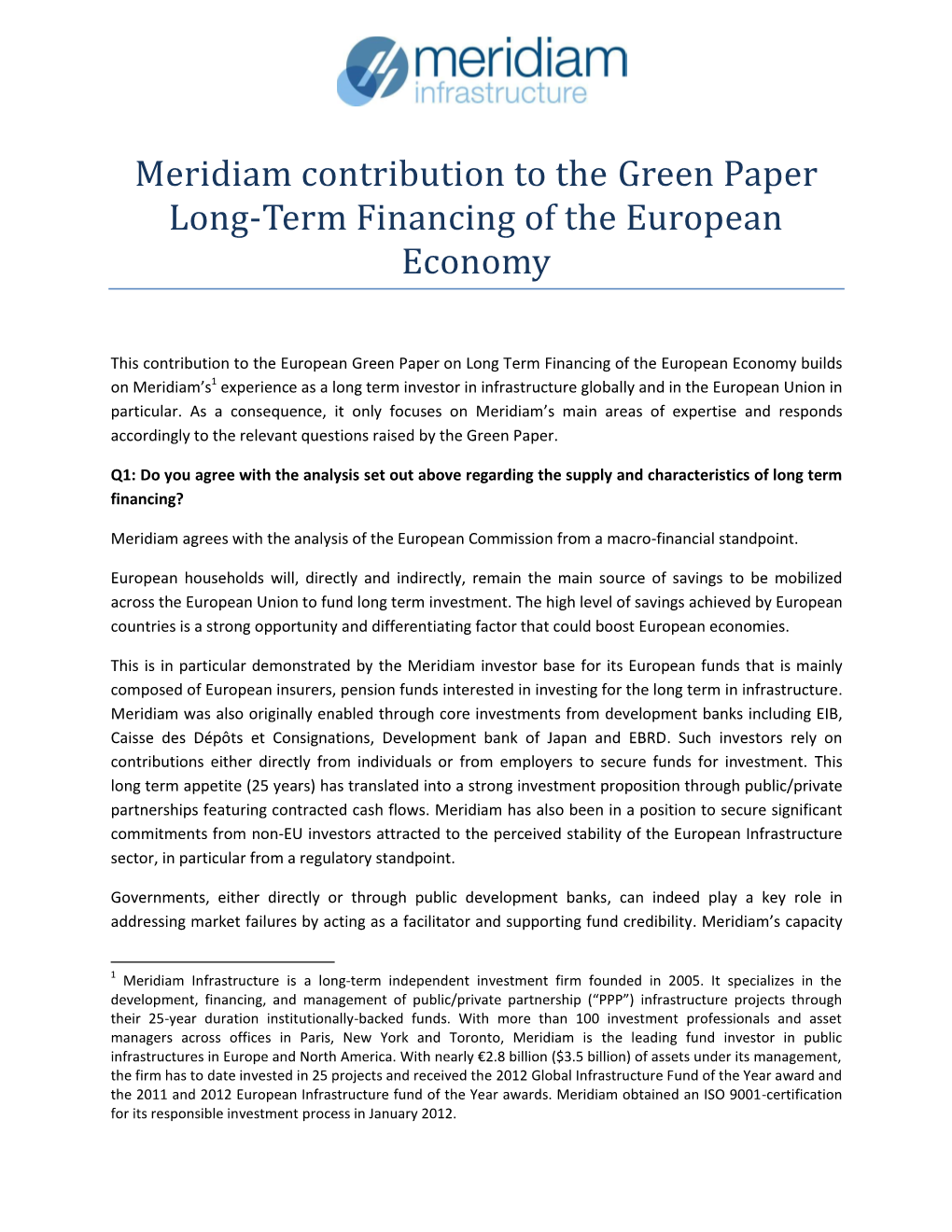 Meridiam Contribution to the Green Paper Long-Term Financing of the European Economy