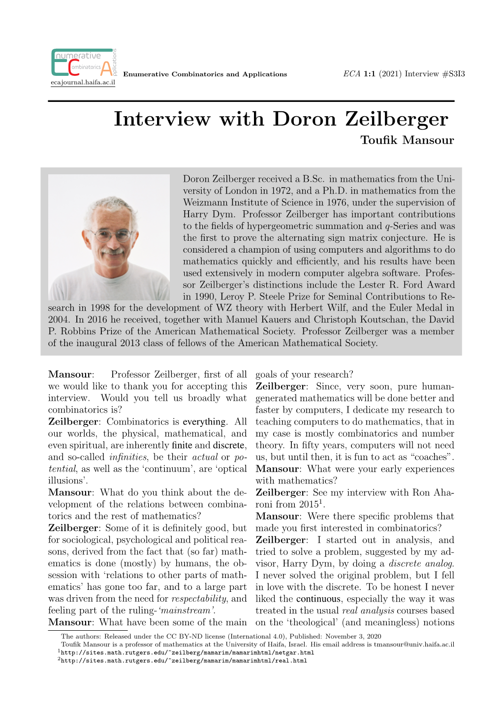 Interview with Doron Zeilberger Touﬁk Mansour