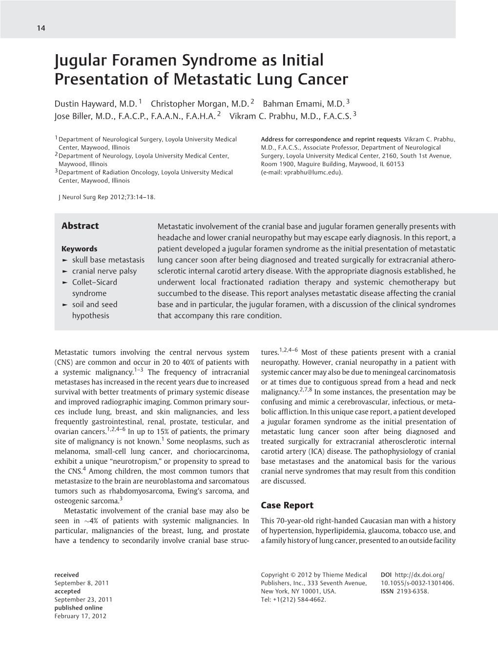 Jugular Foramen Syndrome As Initial Presentation of Metastatic Lung Cancer