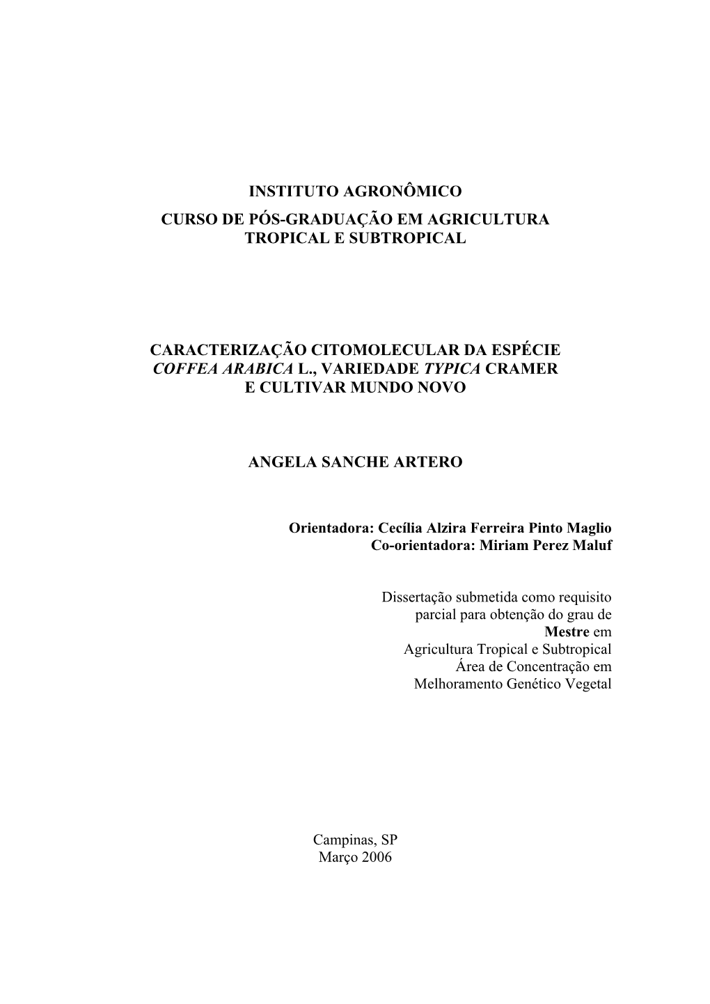 Instituto Agronômico Curso De Pós-Graduação Em Agricultura Tropical E Subtropical