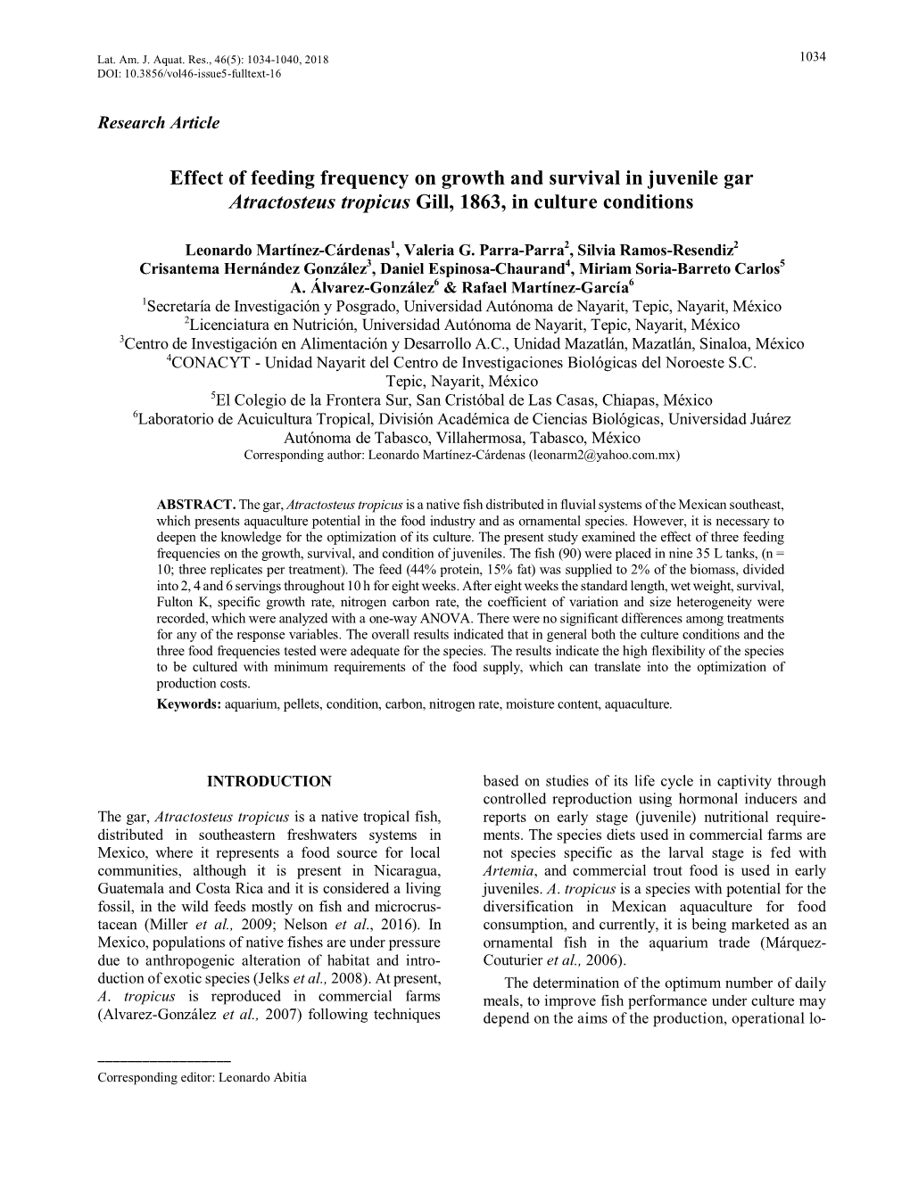 Effect of Feeding Frequency on Growth and Survival in Juvenile Gar Atractosteus Tropicus Gill, 1863, in Culture Conditions