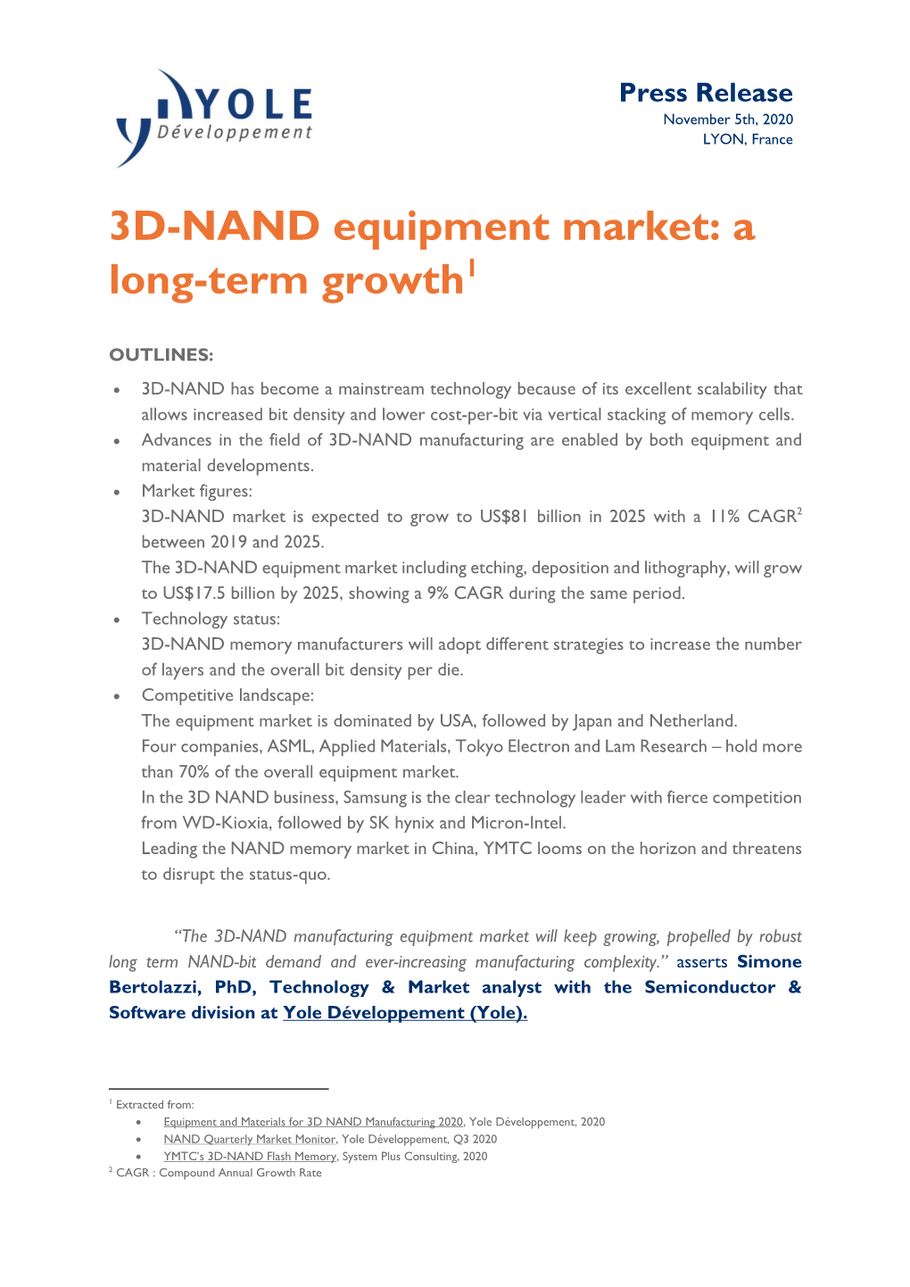 3D-NAND Equipment Market: a Long-Term Growth1