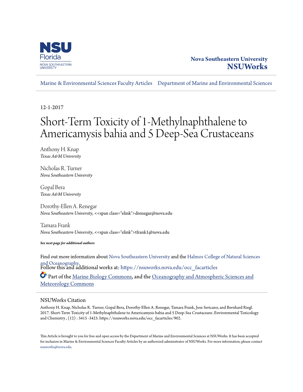 Short-Term Toxicity of 1-Methylnaphthalene to Americamysis Bahia and 5 Deep-Sea Crustaceans Anthony H