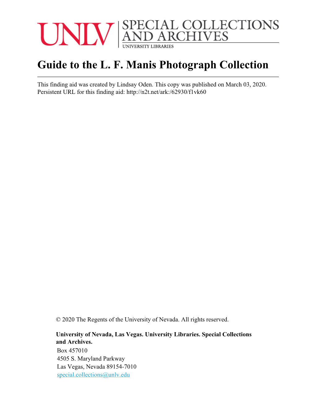 Guide to the L. F. Manis Photograph Collection