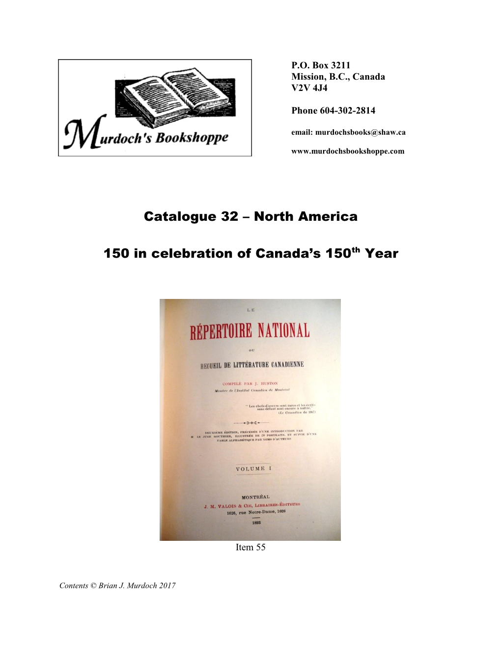 Catalogue 32 – North America 150 in Celebration of Canada's 150Th Year