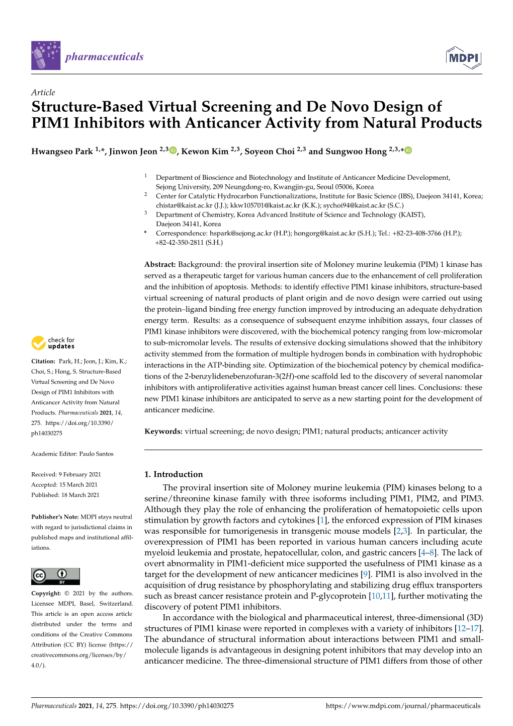 Structure-Based Virtual Screening and De Novo Design of PIM1 Inhibitors with Anticancer Activity from Natural Products