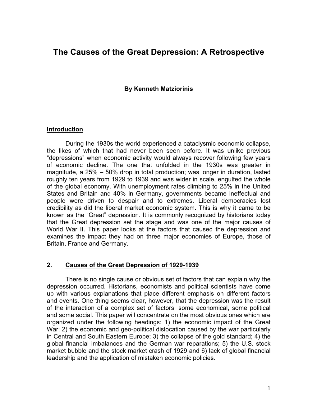 The Causes of the Great Depression: a Retrospective