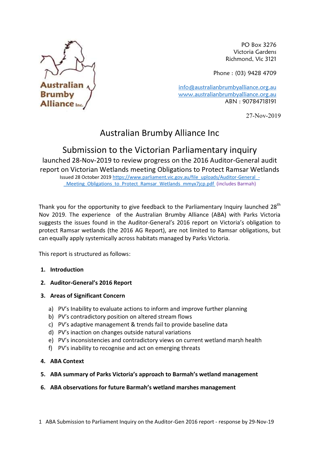 Australian Brumby Alliance Inc Submission to the Victorian