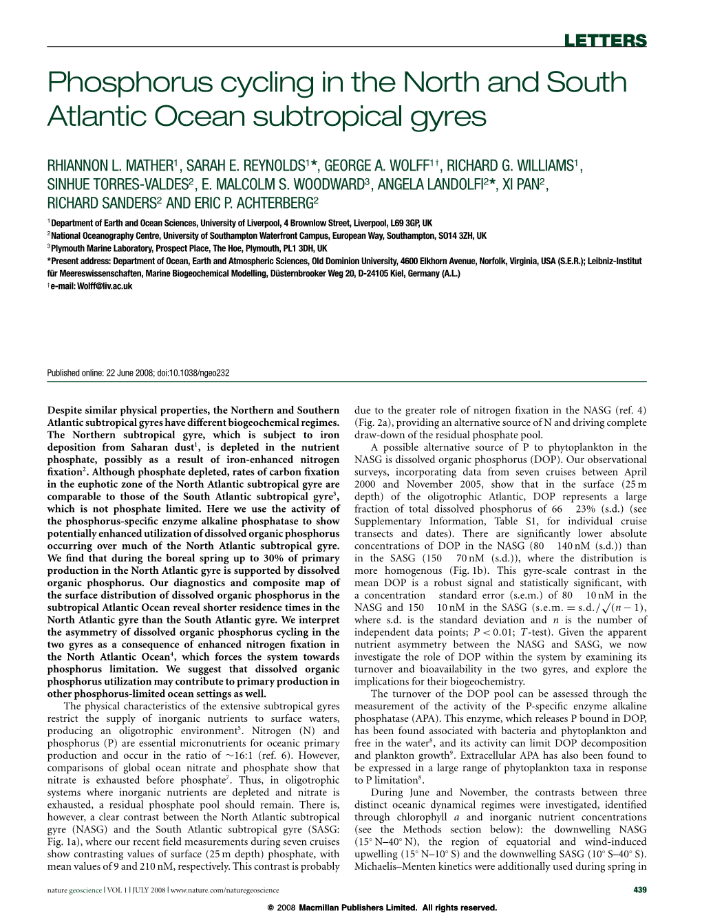 Phosphorus Cycling in the North and South Atlantic Ocean Subtropical Gyres