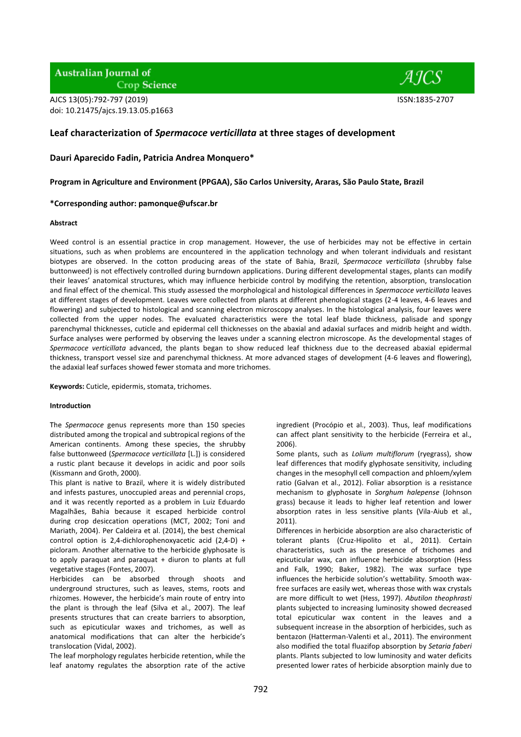 Leaf Characterization of Spermacoce Verticillata at Three Stages of Development