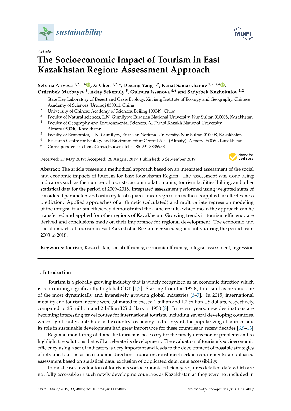 The Socioeconomic Impact of Tourism in East Kazakhstan Region: Assessment Approach
