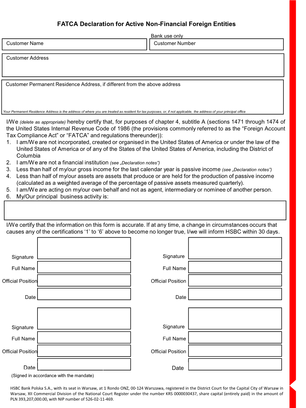 FATCA Declaration for Active Non-Financial Foreign Entities