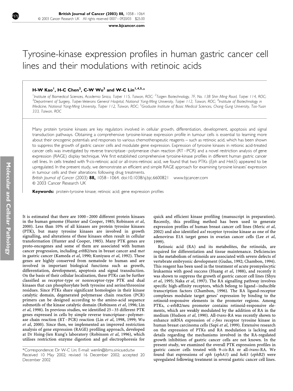 Tyrosine-Kinase Expression Profiles in Human Gastric Cancer Cell Lines and Their Modulations with Retinoic Acids