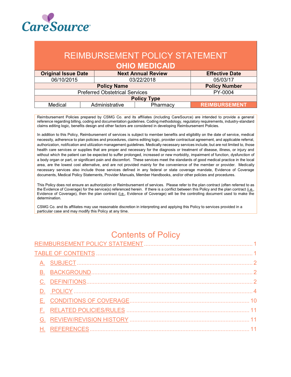 Reimbursement Policy Statement