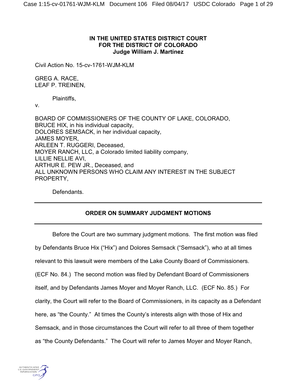 Case 1:15-Cv-01761-WJM-KLM Document 106 Filed 08/04/17 USDC Colorado Page 1 of 29