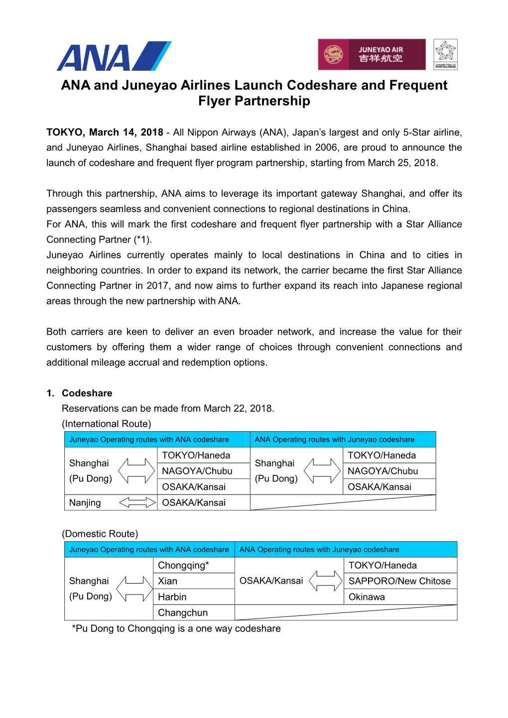 ANA and Juneyao Airlines Launch Codeshare and Frequent Flyer Partnership