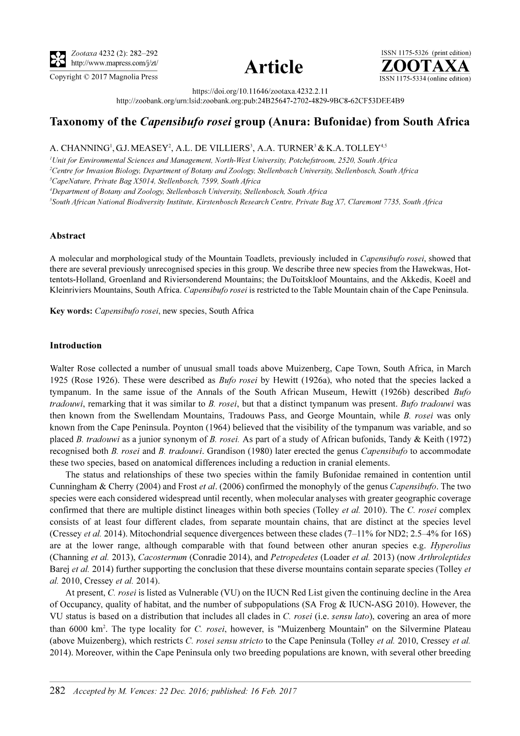 Taxonomy of the Capensibufo Rosei Group (Anura: Bufonidae) from South Africa