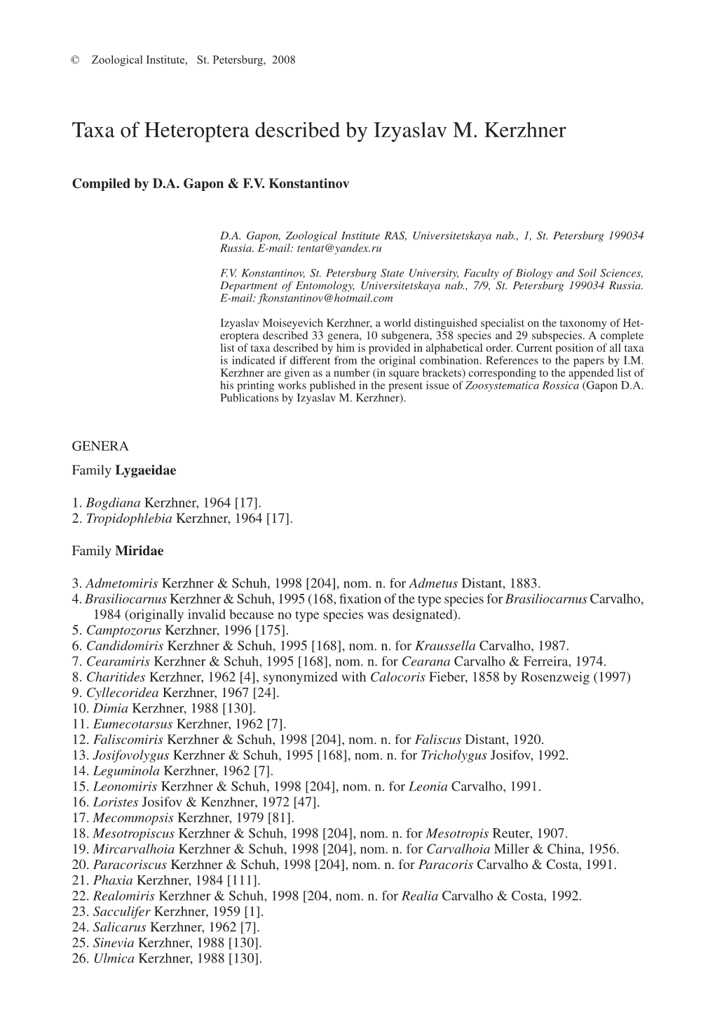 Taxa of Heteroptera Described by Izyaslav M. Kerzhner