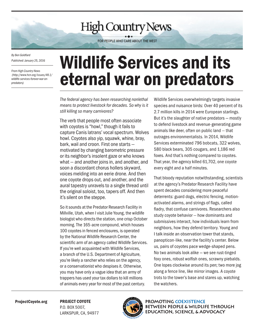 Wildlife Services and Its Eternal War on Predators