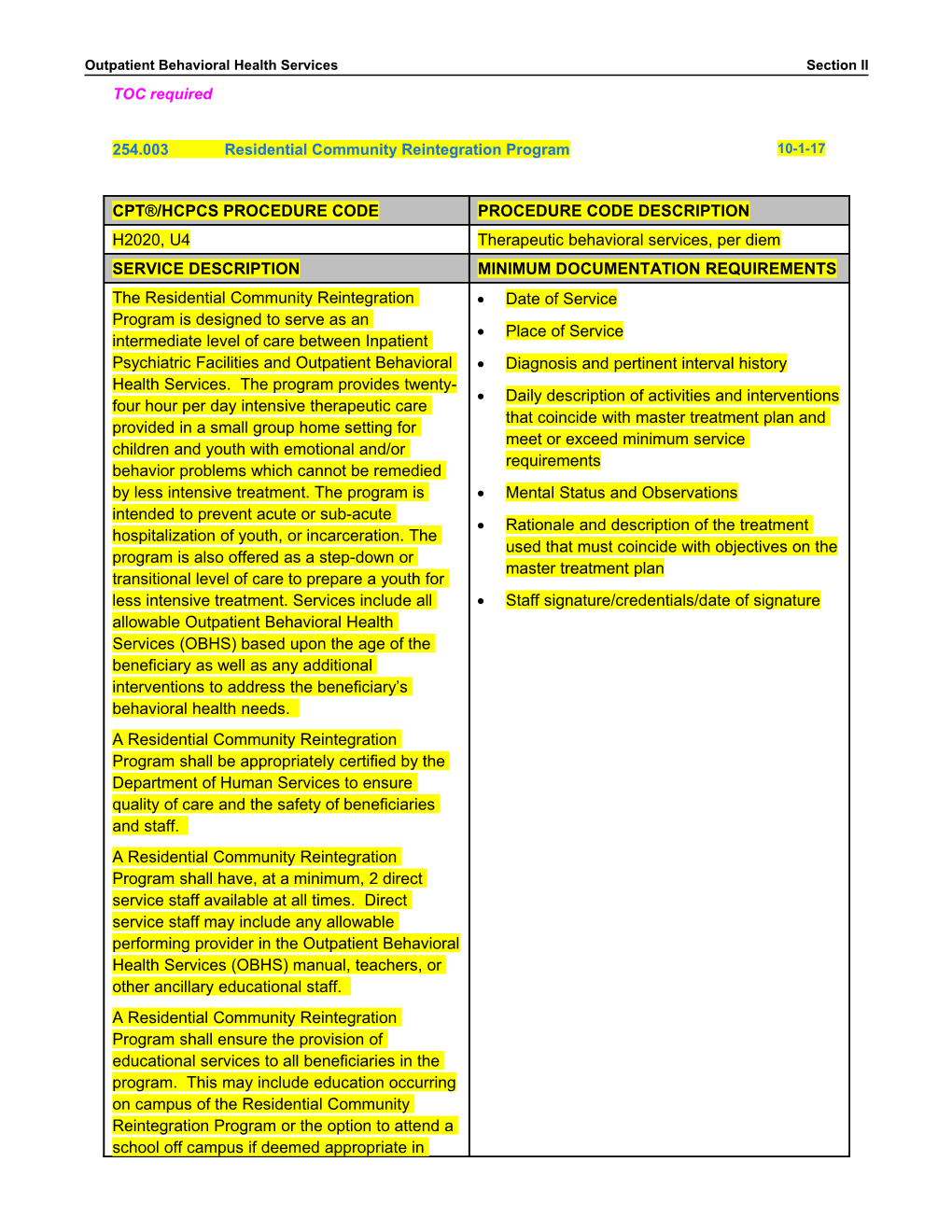 Proposed OBHS-1-17 Provider Manual Update