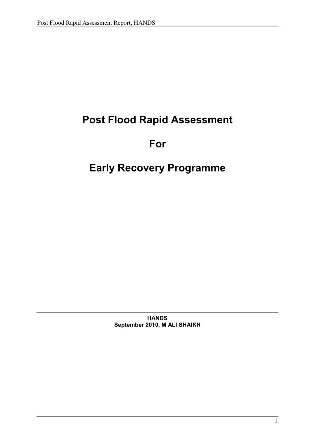 Post Flood Rapid Assessment for Early Recovery Programme