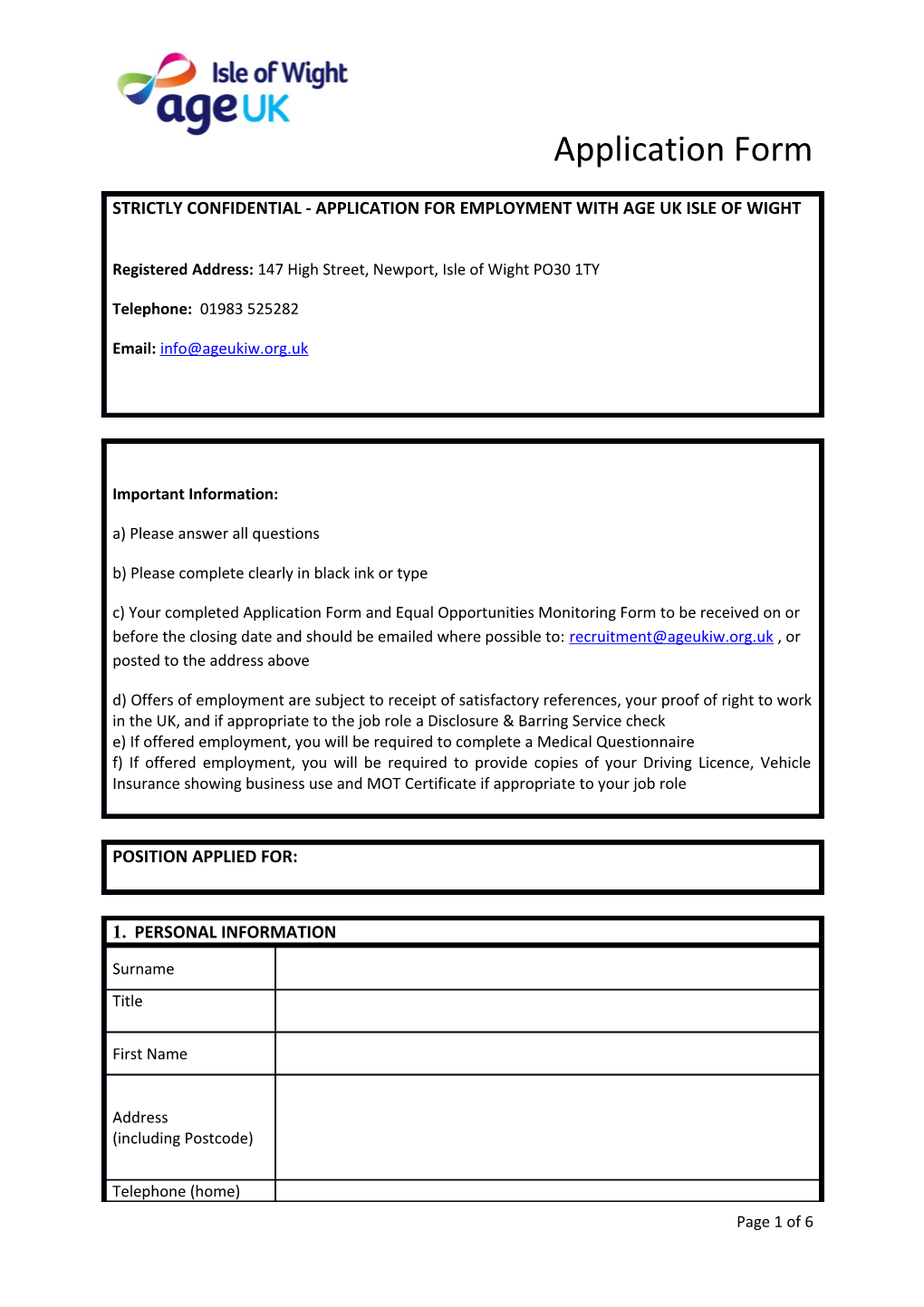 Strictly Confidential - Application for Employment with Age Uk Isle of Wight