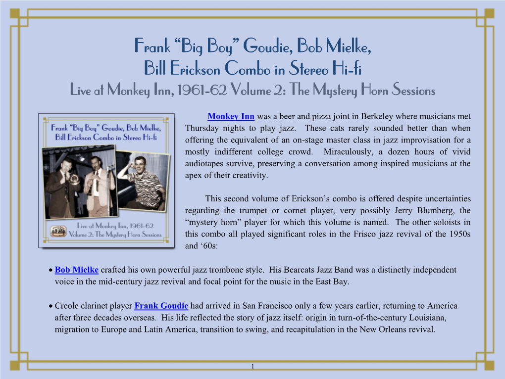 Goudie, Bob Mielke, Bill Erickson Combo in Stereo Hi-Fi Live at Monkey Inn, 1961-62 Volume 2: the Mystery Horn Sessions