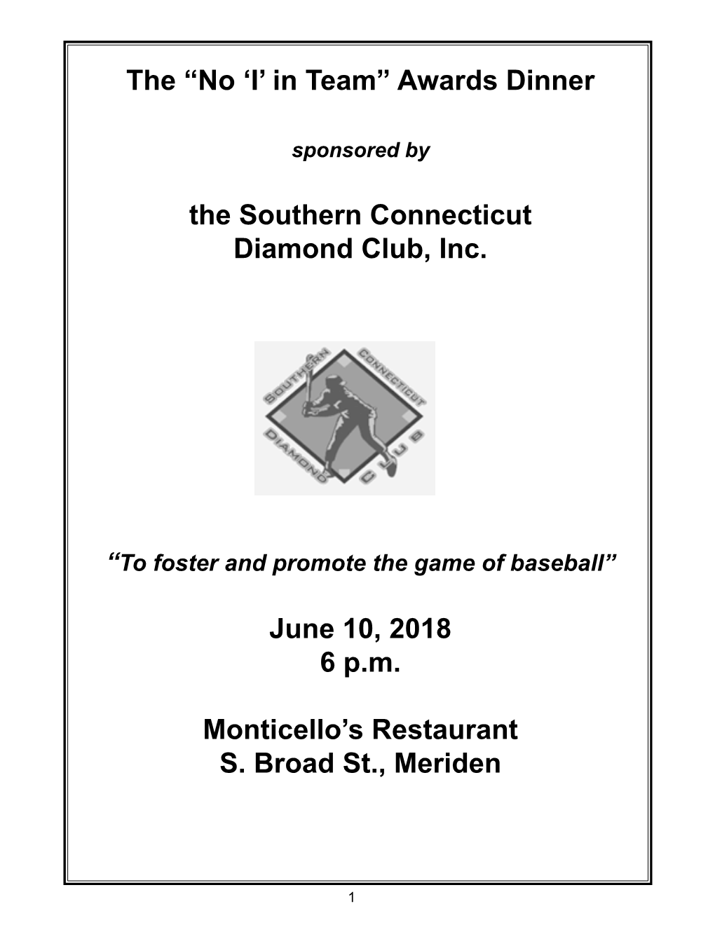 Awards Dinner the Southern Connecticut Diamond Club, Inc