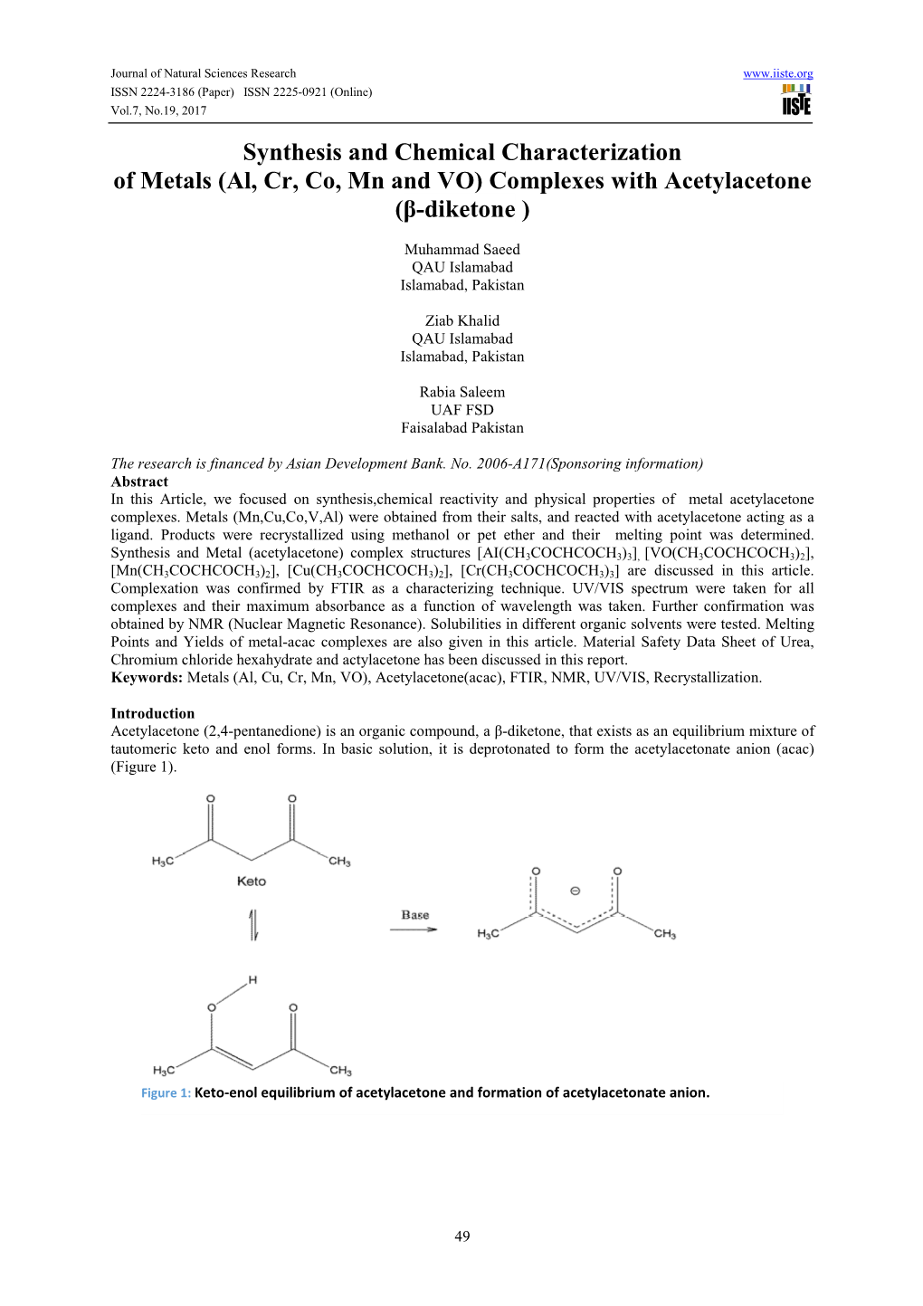 Al, Cr, Co, Mn and VO) Complexes with Acetylacetone (Β-Diketone