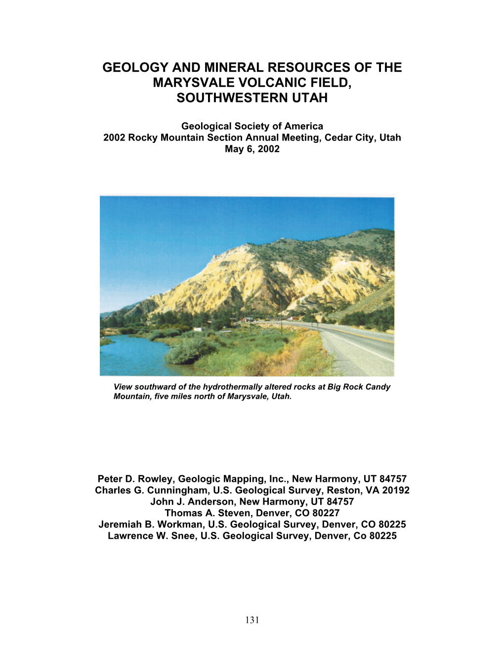 Geology and Mineral Resources of the Marysvale Volcanic Field, Southwestern Utah