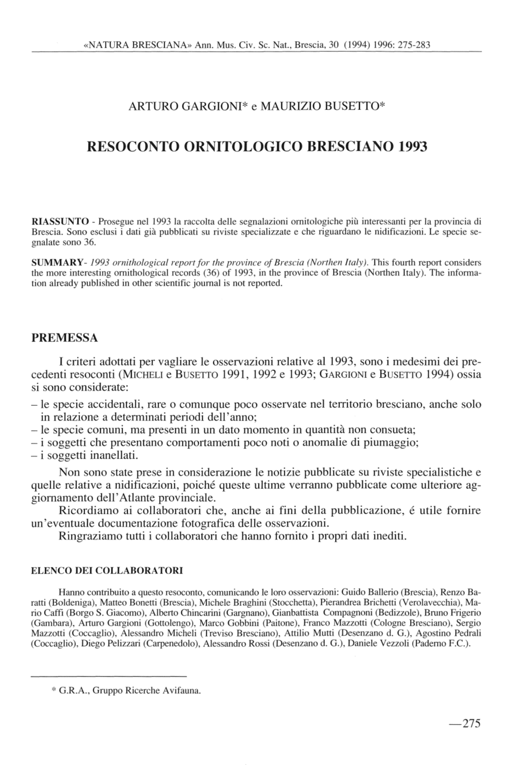 Resoconto Ornitologico Bresciano 1993