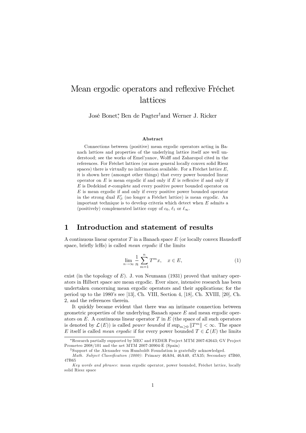 Mean Ergodic Operators and Reflexive Fréchet Lattices