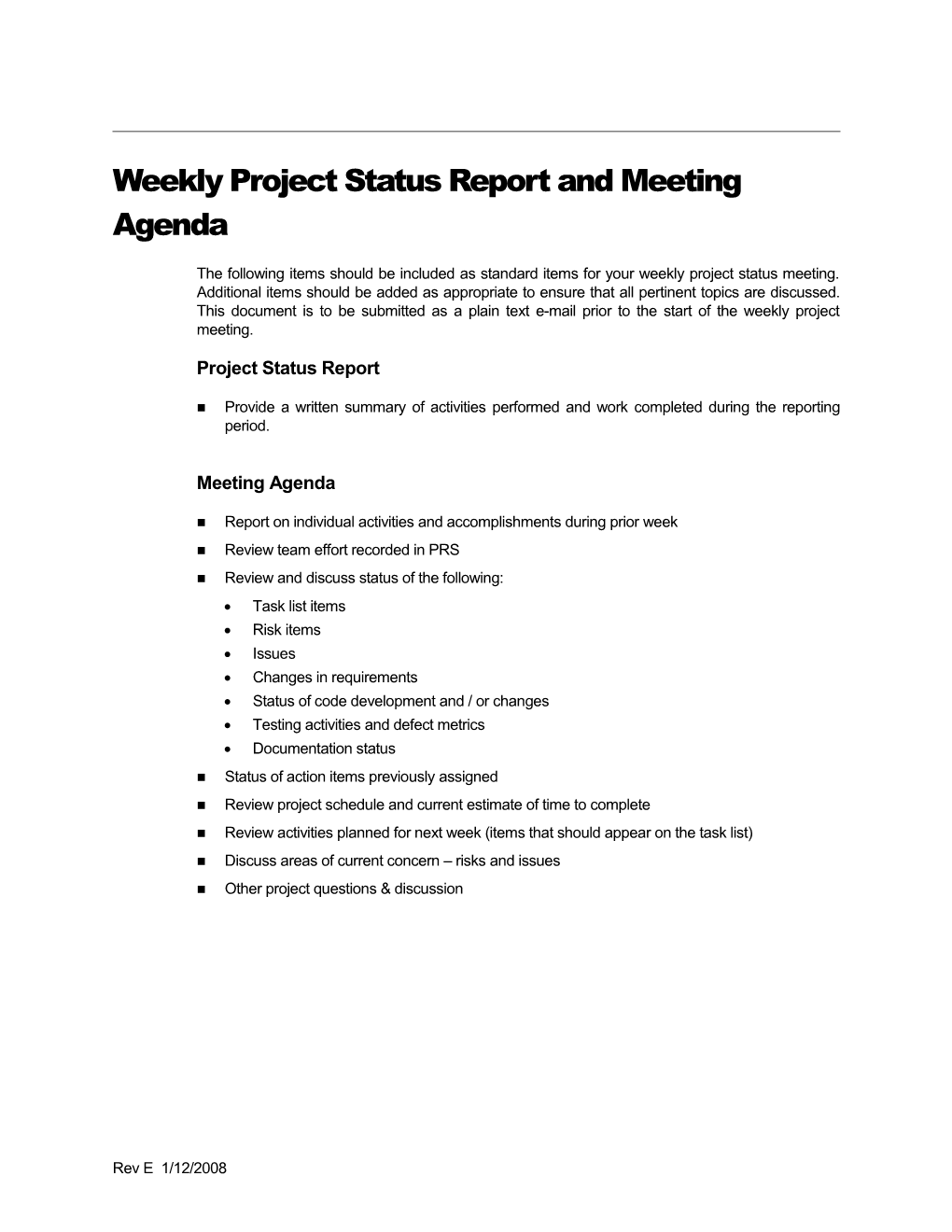 Weekly Project Status Meeting Agenda